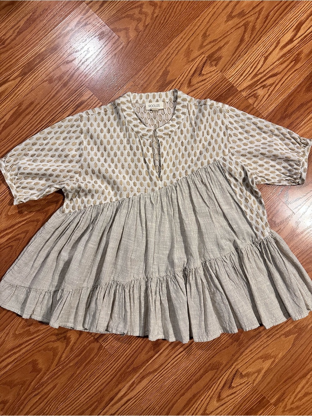 Roolee Cotton Cream with stripes and leaf Print Tiered Peasant Blouse size M - Picture 2 of 11